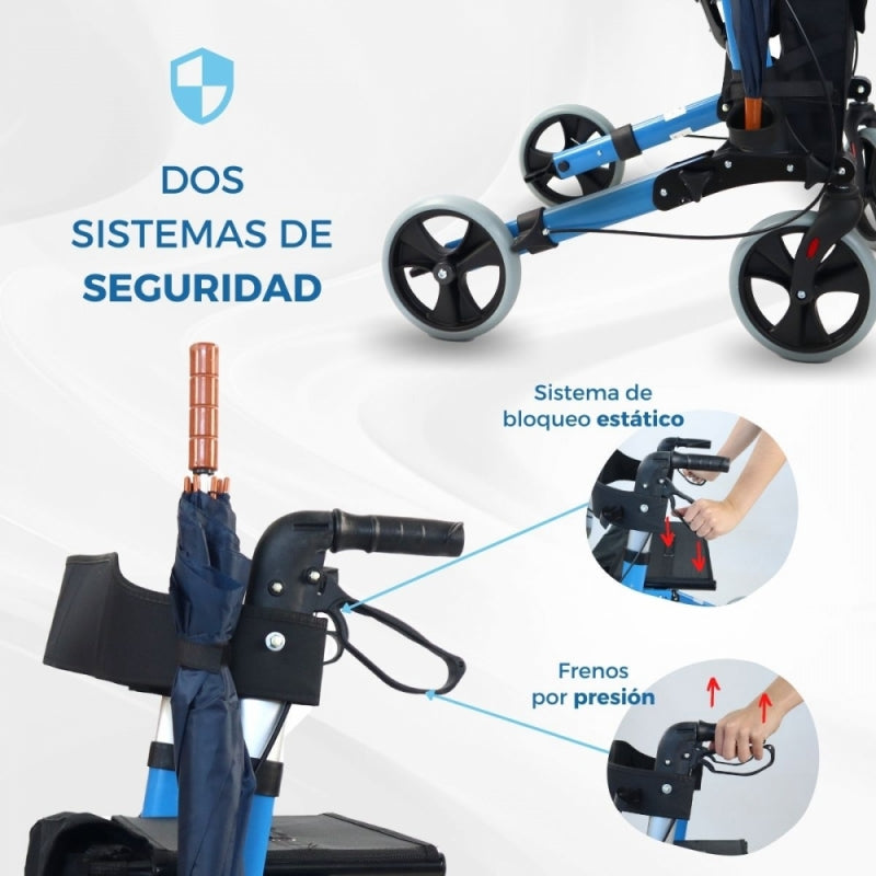 Andador 4 ruedas | Plegable | Aluminio | Frenos en manetas | Asiento y respaldo | Trajano | Deluxe | Mobiclinic - MICO