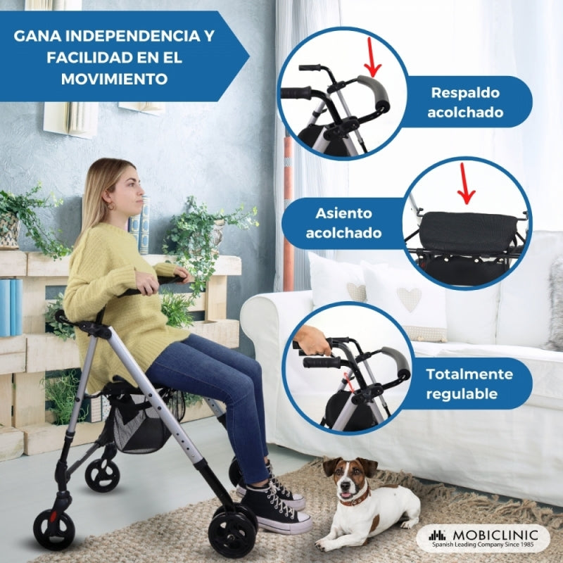 Andador plegable | Aluminio | Asiento y respaldo | Frenos por presión | 4 ruedas | Premium | Dehesa | Mobiclinic - MICO