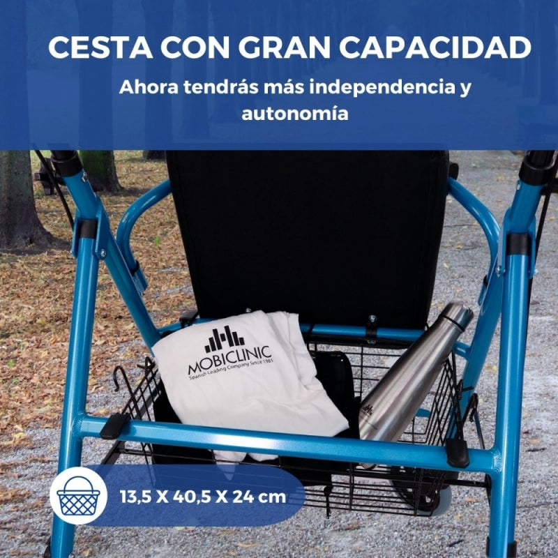 Andador | Plegable | Aluminio | Frenos en manetas | Asiento y respaldo | 4 ruedas | Azul | Escorial | Mobiclinic - MICO