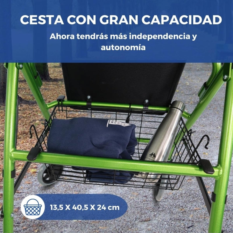 Andador | Plegable | Aluminio | Frenos en manetas | Asiento y respaldo | 4 ruedas | Verde | Escorial | Mobiclinic - MICO