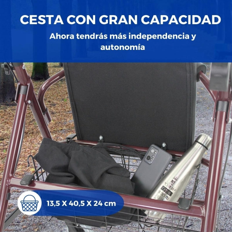 Pack andador plegable y cojín antiescaras especial andador | Respaldo | Aluminio | Cesta | Burdeos | Escorial Plus | Mobiclinic - MICO