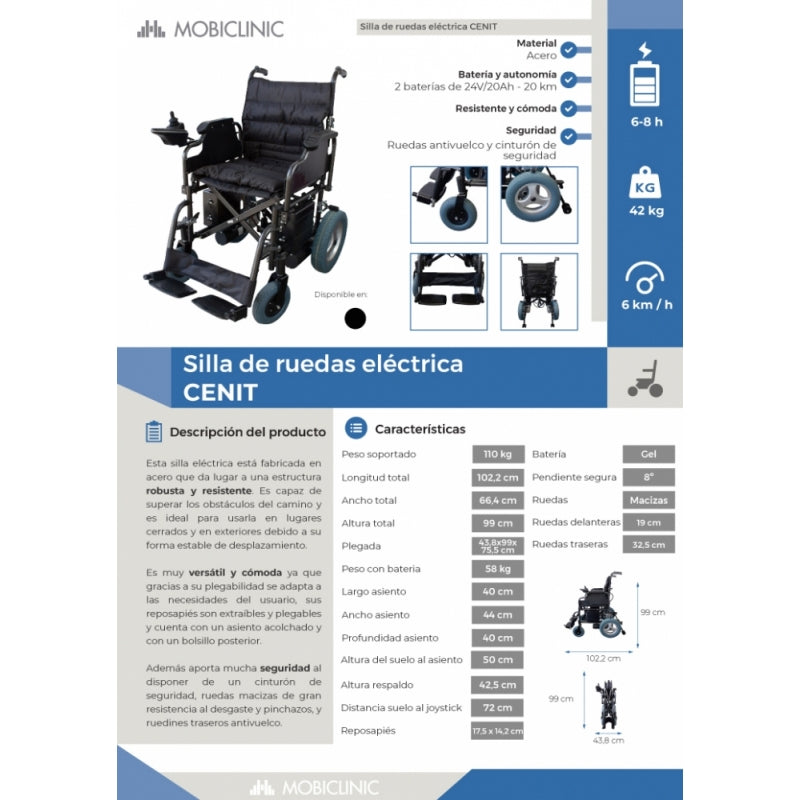 Silla de ruedas eléctrica plegable | Auton. 20 km | 20Ah | Motor | Acero | Negro | Cenit | Mobiclinic - MICO