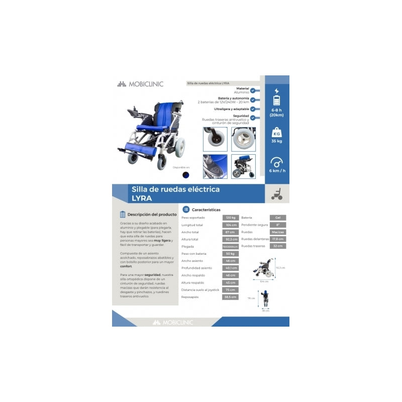 Silla de ruedas eléctrica | Plegable |Auton. 20 km | Aluminio | 20Ah | Azul y negra | Lyra | Mobiclinic - MICO