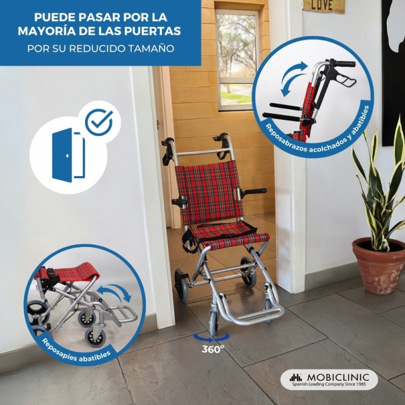 Silla de ruedas para tránsito | Asiento 34 cm | Aluminio | Frenos en manetas | Cuadros escoceses | Neptuno | Mobiclinic - MICO