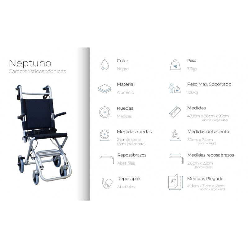 Silla de ruedas | Tránsito | Asiento 34 cm | Plegable | Aluminio | Ruedas pequeñas | Frenos Manetas | Neptuno | Mobiclinic - MICO