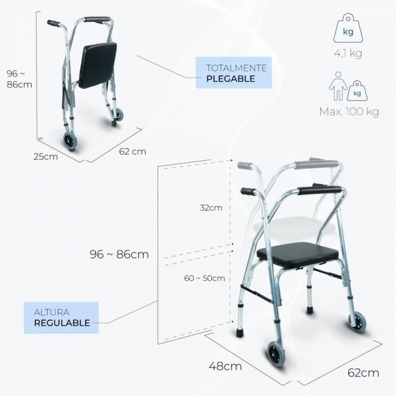 Andador | Aluminio | Plegable | Asiento y respaldo | 2 ruedas | Plateado | Compostela | Mobiclinic - MICO