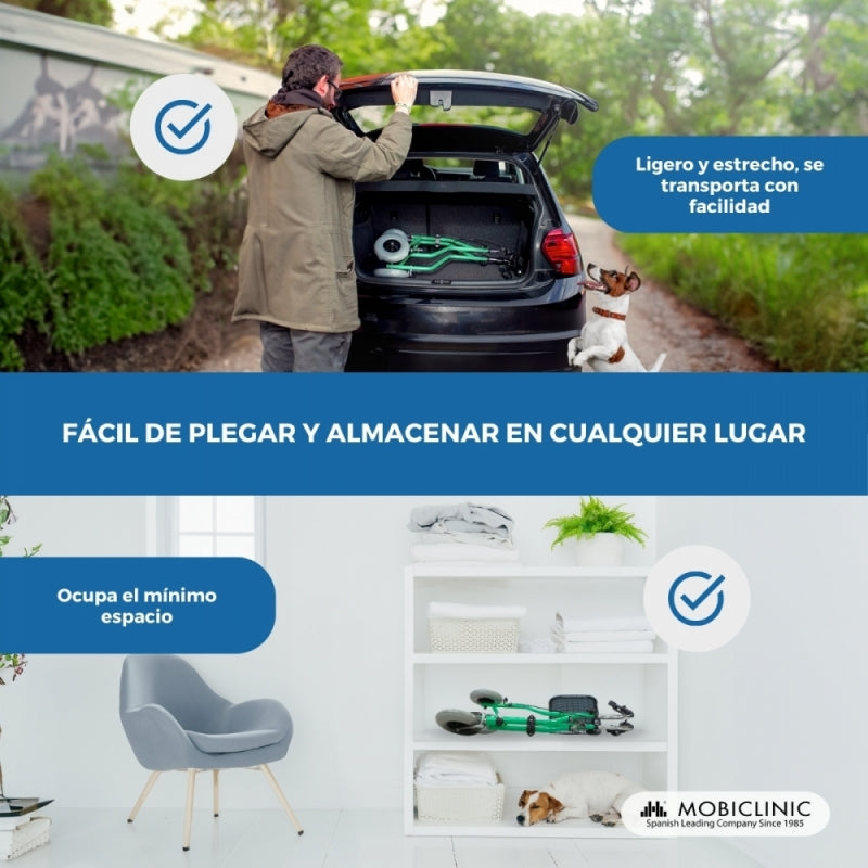 Andador para ancianos | Plegable | Freno en manetas | 3 ruedas | Cesta | Verde | Caleta | Mobiclinic - MICO