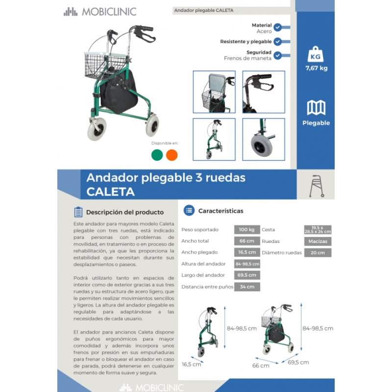 Andador para ancianos | Plegable | Freno en manetas | 3 ruedas | Cesta | Verde | Caleta | Mobiclinic - MICO