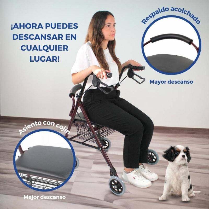 Andador | Plegable | Aluminio | Frenos en manetas | Asiento y respaldo | 4 ruedas | Burdeos | Escorial | Mobiclinic - MICO