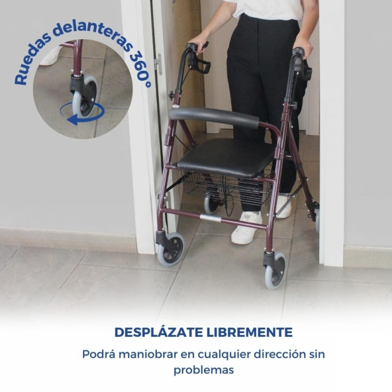 Andador | Plegable | Aluminio | Frenos en manetas | Asiento y respaldo | 4 ruedas | Burdeos | Escorial | Mobiclinic - MICO