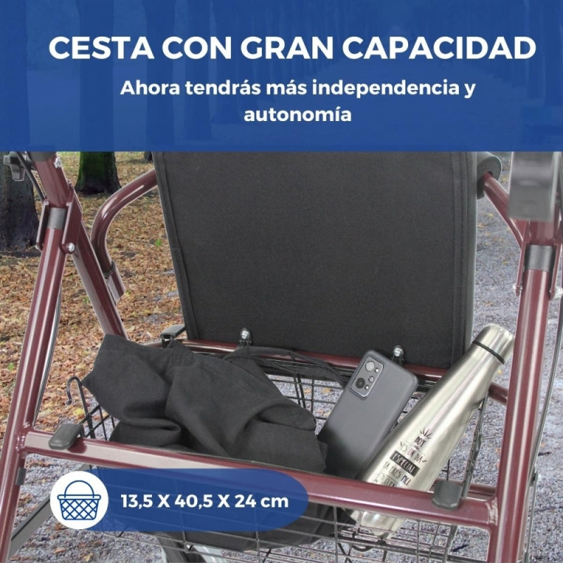 Andador | Plegable | Aluminio | Frenos en manetas | Asiento y respaldo | 4 ruedas | Burdeos | Escorial | Mobiclinic - MICO