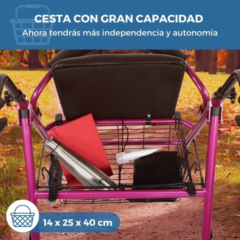 Andador plegable | Asiento y respaldo | Aluminio | Cesta | Para ancianos | Rosa | Prado | Mobiclinic - MICO