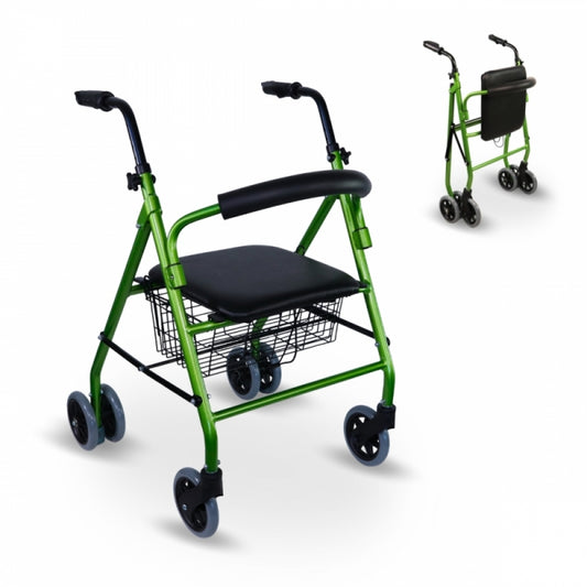 Andador plegable | Asiento y respaldo | Aluminio | Cesta | Para ancianos | Verde | Prado | Mobiclinic - MICO