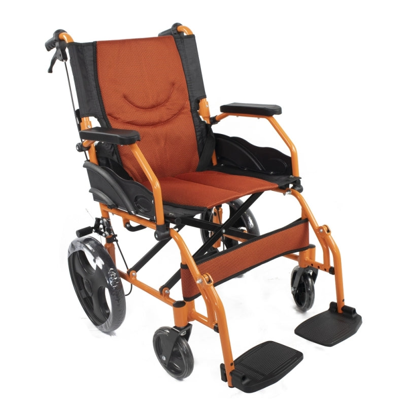 Silla de ruedas | Plegable | Aluminio | Freno en manetas | Reposapiés | Reposabrazos | Naranja | Pirámide | Mobiclinic - MICO