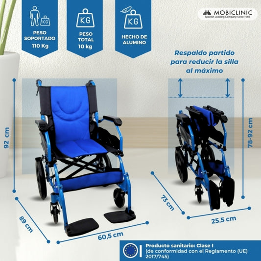 Silla de ruedas | Plegable | Aluminio | Frenos en manetas | Ancho asiento 46cm | Azul | Pirámide | Mobiclinic - MICO